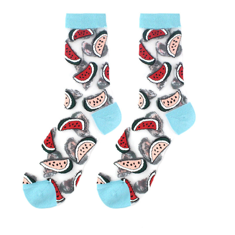 Spring and Summer Women's Socks, Thin Medium Tube Fashion Trendy Socks, European and American Style Flower Glass Stockings