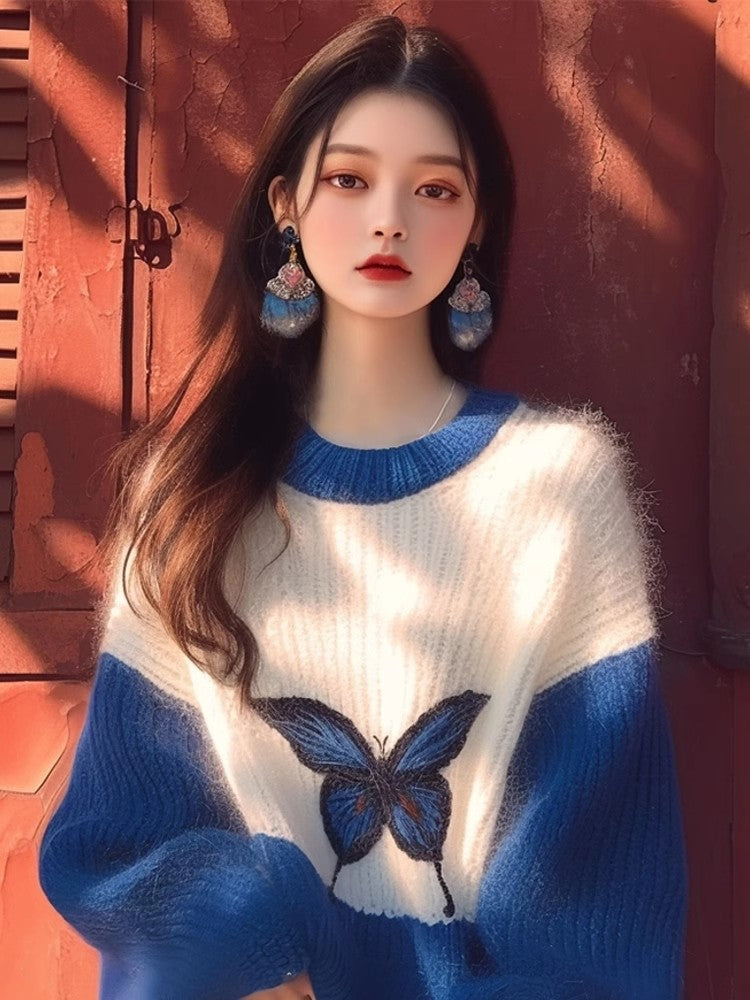 Klein Blue Relief Knit Top: Sculptural Butterfly Print Sweater for Women - Lounge to Gallery Spring Statement Piece