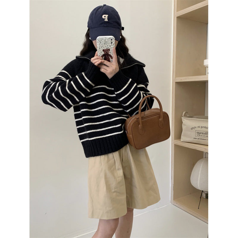 Striped Half-zipper Pullover Sweater Women's Autumn and Winter New Loose Lazy Wind Thick Knitted Sweater
