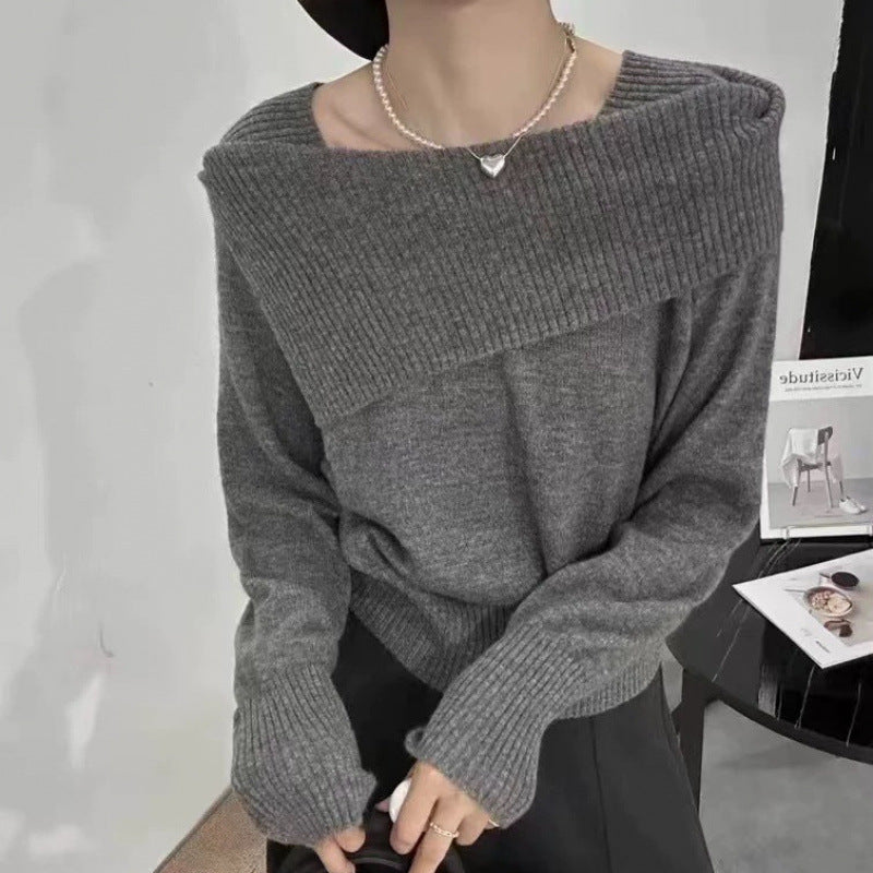 Irregular One-word Shoulder Knitted Bottoming Shirt for Women's Autumn and Winter Inner Sweater Long-sleeved Top for Women