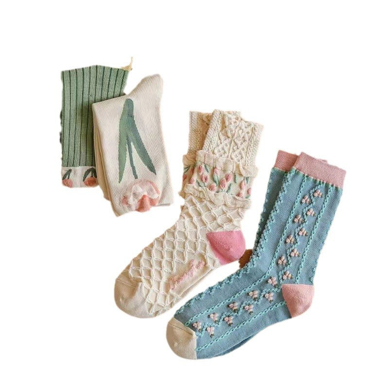 Socks Women's Autumn and Winter Long Socks Mori Tulips Versatile Women's Stacking Socks Flower Series Spring and Summer Long Tube