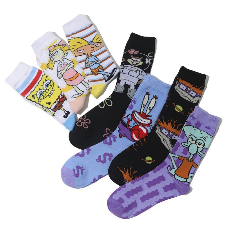 Male Personality Medium Tube Cotton Sponge Cartoon Crab Boss Female Cartoon Long Tube Animation Men's Socks-5PRS
