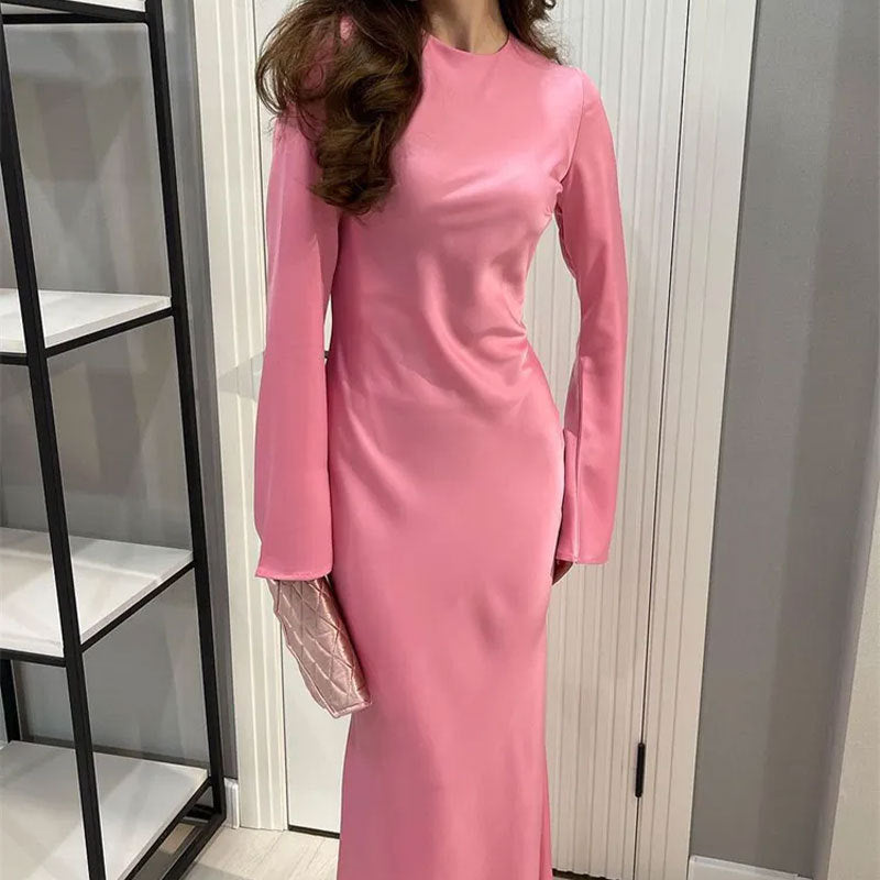 Élégant French Dress: Solid Color, Long Sleeve Bodycon Midi Skirt - Timeless Fall Transition