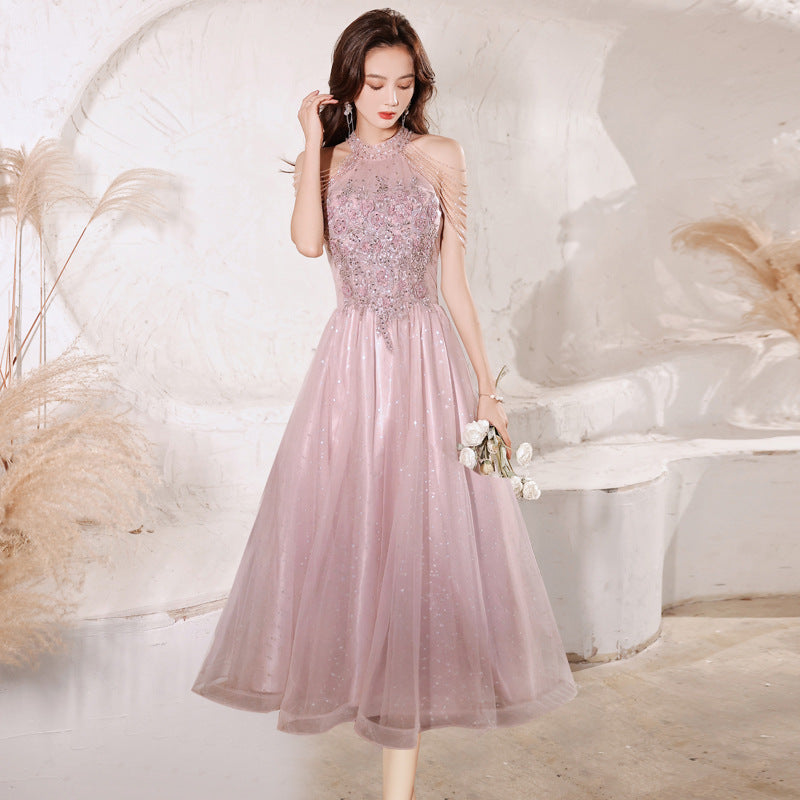 Dusty Pink Evening Gown: Celebrity Style Light Luxury Party Dress for Wedding Banquet, Birthday & Holiday Hostess