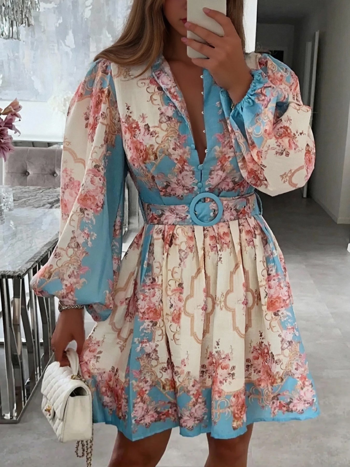 Spring Floral Midi Dress: Vintage Belted Fit, Puffed Sleeves & Mock Neck