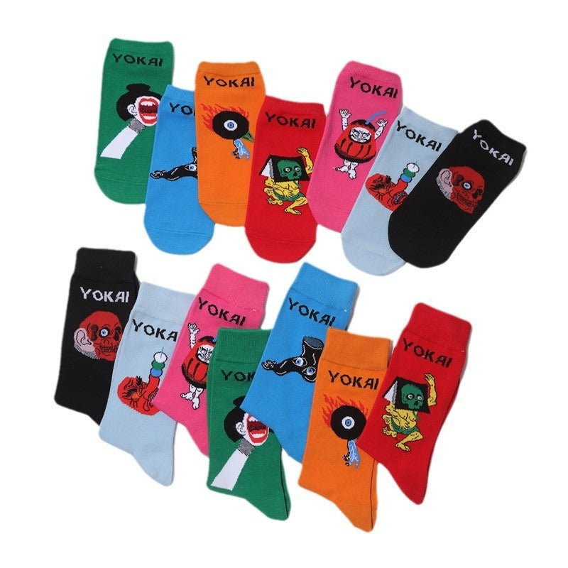 Male Japanese Monster Animation Socks Female Cotton Monster Story Sock Cartoon Personality Trend Boat Socks-5PRS