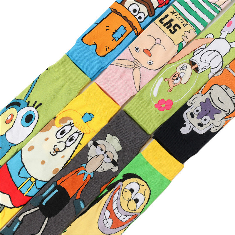 Tide Socks Cotton Cute Animation Socks Cartoon Men's Flower Socks Medium Tube Socks Women's Stockings-5PRS