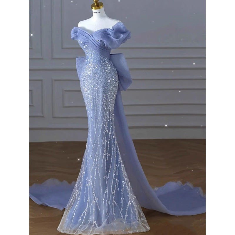 Navy Fishtail Sequin Gown - One-Shoulder Luxe Dress with Sweep Train, Stretch Bodycon for Gala/Prom
