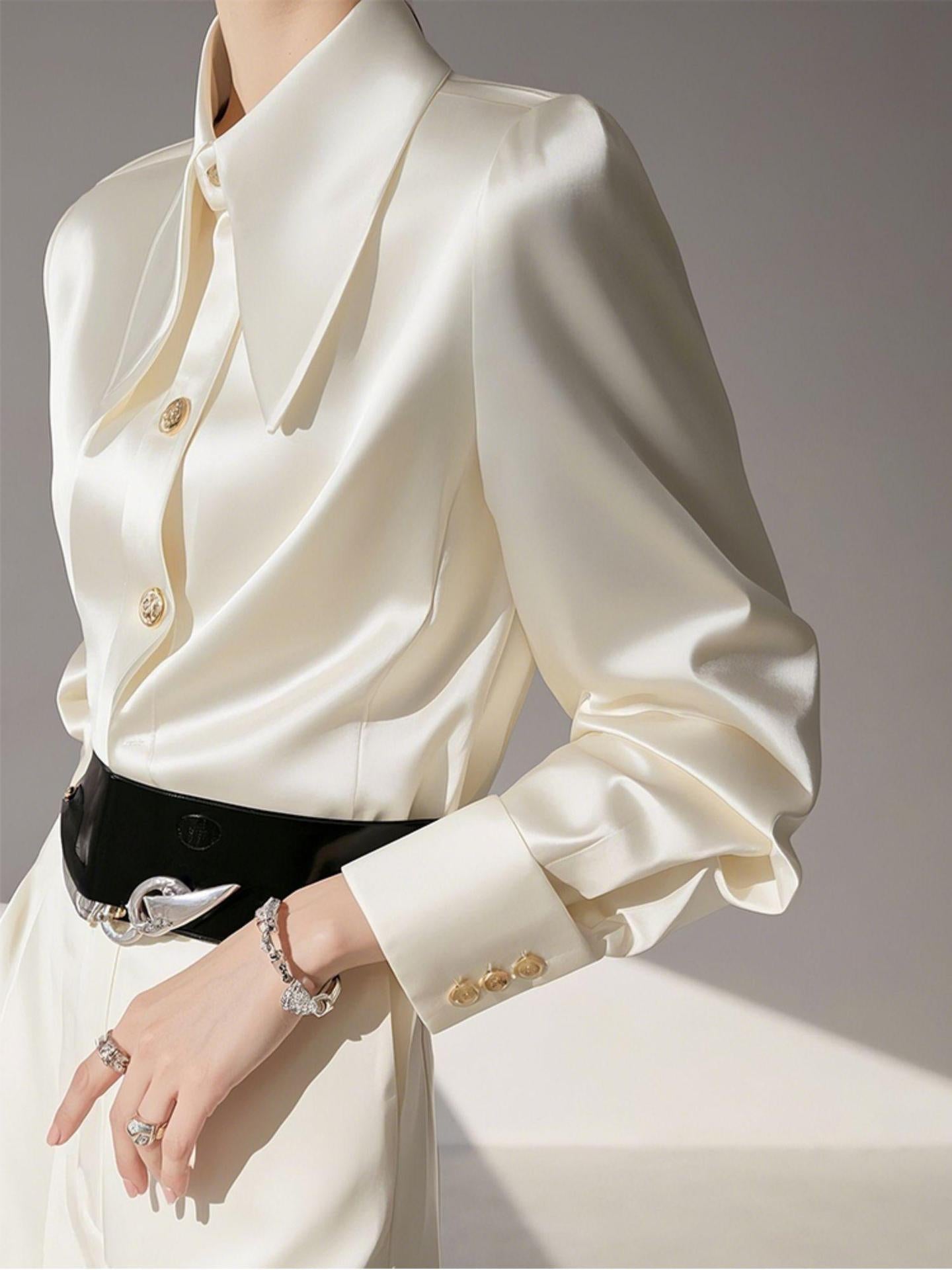 Chic French Cropped Satin Shirt - Creamy White Acetic Acid Spring Autumn Blouse
