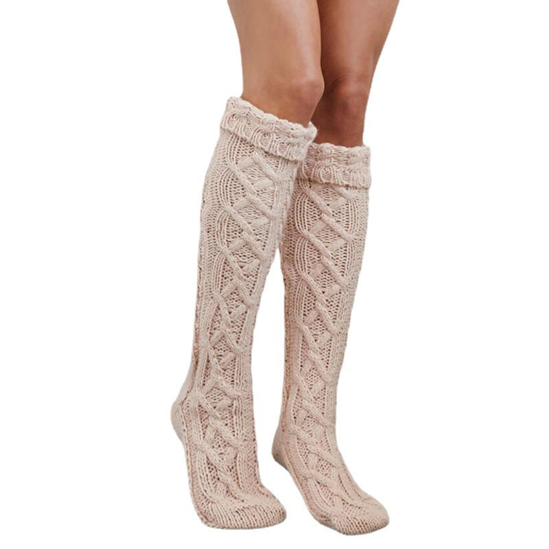Quality Fashion Twist Flanged Knitted Long Tube Over Knee Stacking Socks Women, Solid Color Medium Long Tube Wool