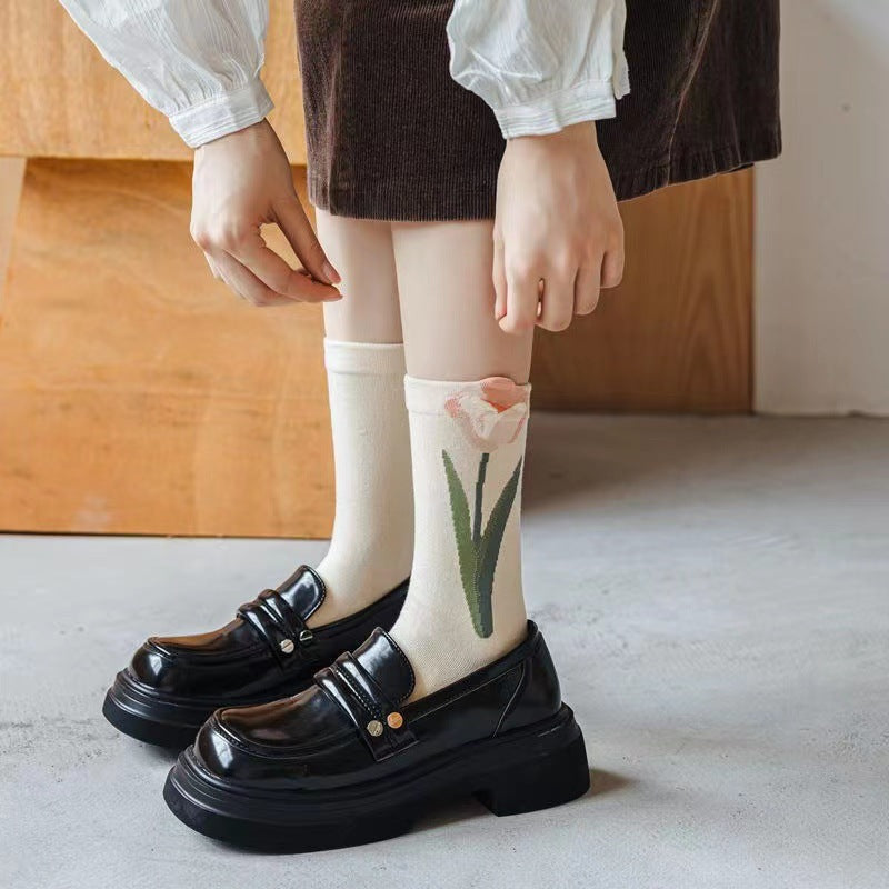 Socks Women's Autumn and Winter Long Socks Mori Tulips Versatile Women's Stacking Socks Flower Series Spring and Summer Long Tube