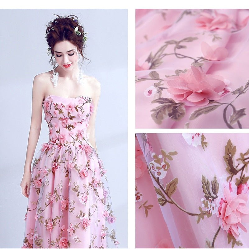 New Evening Dress Bean Pink Flower Lace Tub Top Performance Dress Bridal Wedding Banquet Annual Meeting Evening Dress