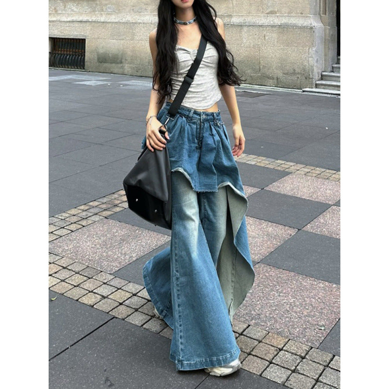 Slightly Fat Spice Girl Design Sense Irregular Splicing Jeans Autumn and Winter New Fake Two-piece Thin Flared Pants