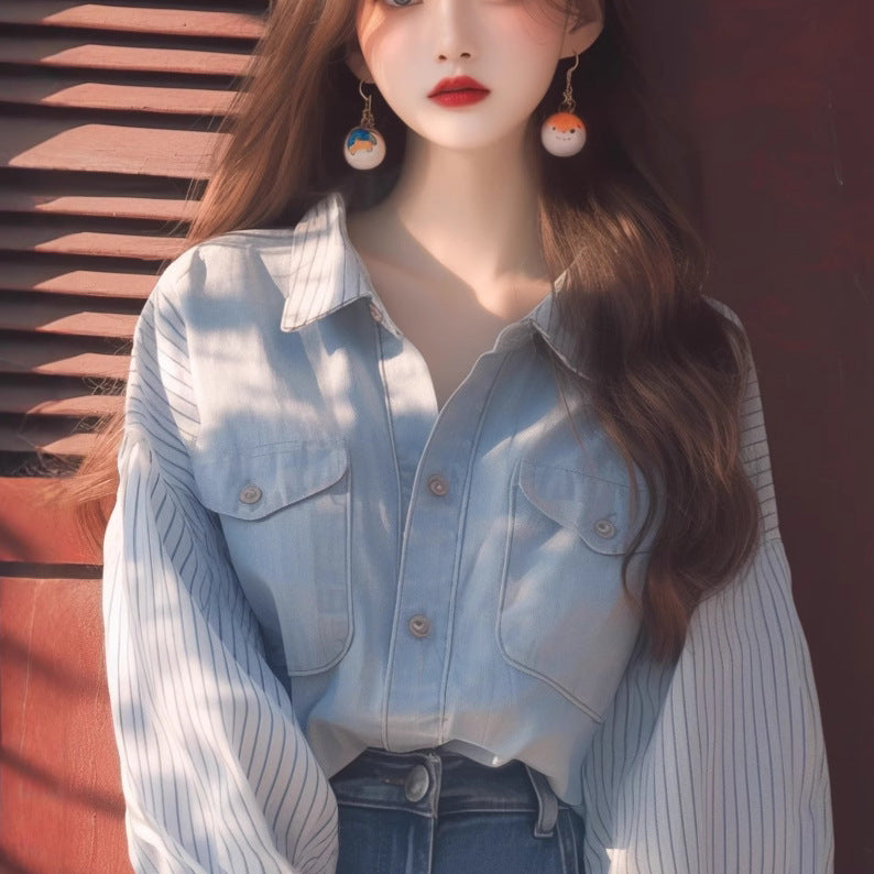 Deconstructed Denim Shirt: Cerulean Wash & Raw Seam Blouse for Women - Art Studio to Office Ageless Statement