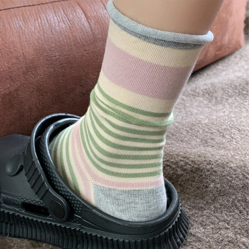 Striped Socks Women's Pure Cotton Medium Tube Spring Summer Color Matching New Thin Hemming College Wind Stacking Socks