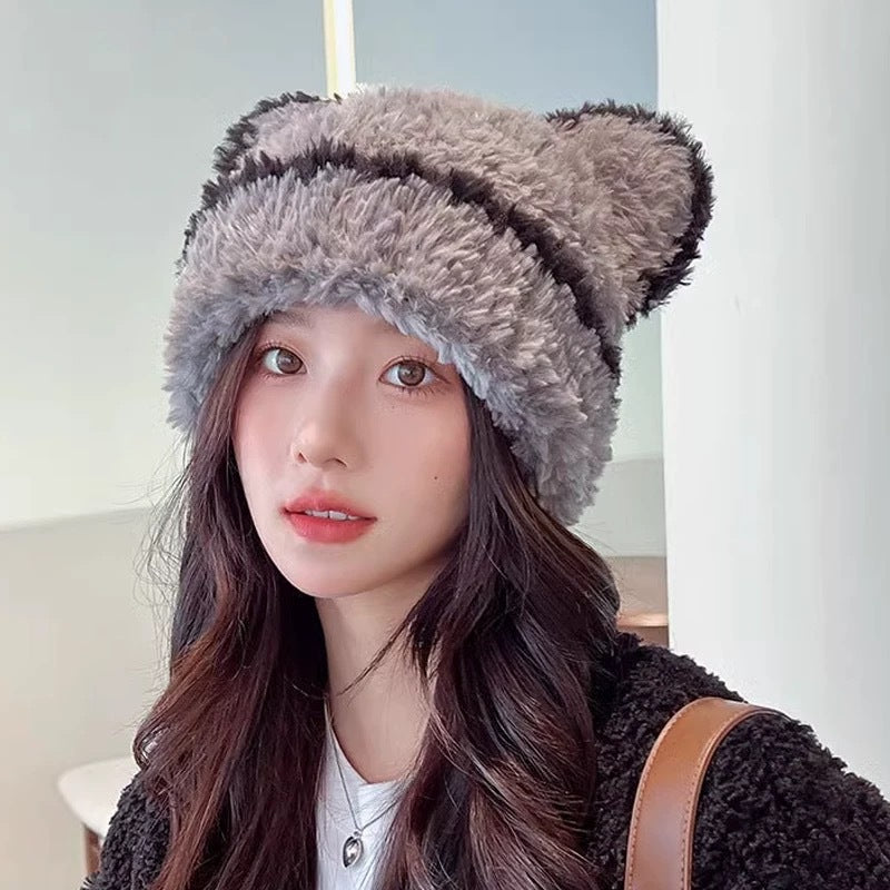 Cute bear wool hat female winter 2024 popular plush warm fluffy autumn and winter big head circumference knitted hat