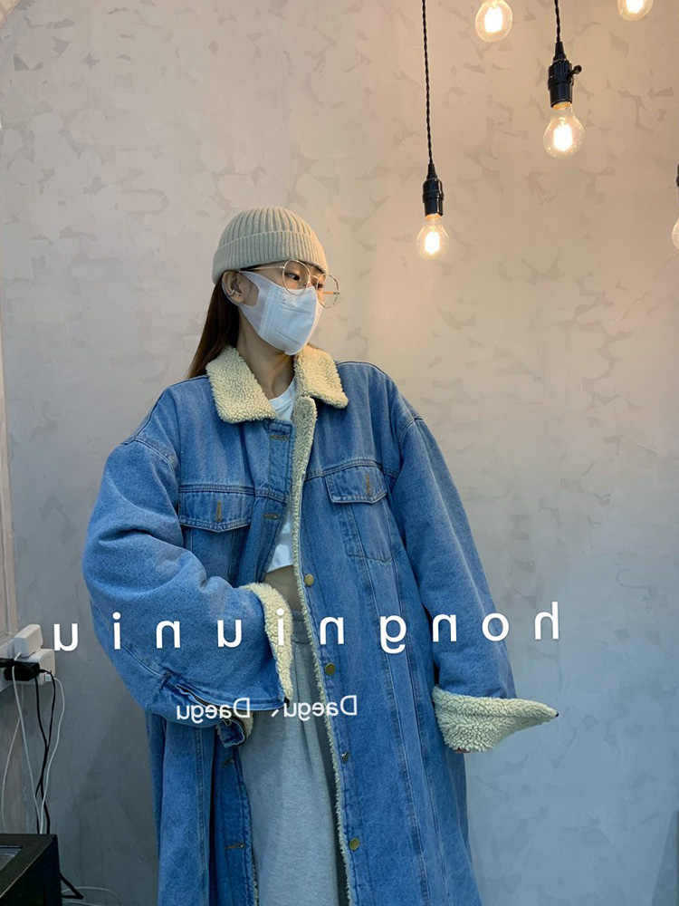 Women's Winter Lambswool Denim Jacket Mid-Length Korean Style Loose Slimming Thick Warm Cotton Streetwear