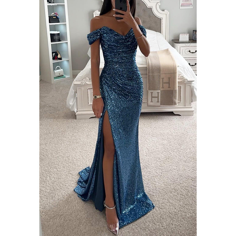 New Party Sequins One-word Collar Split Dress INS Casual Fashion Dress Women