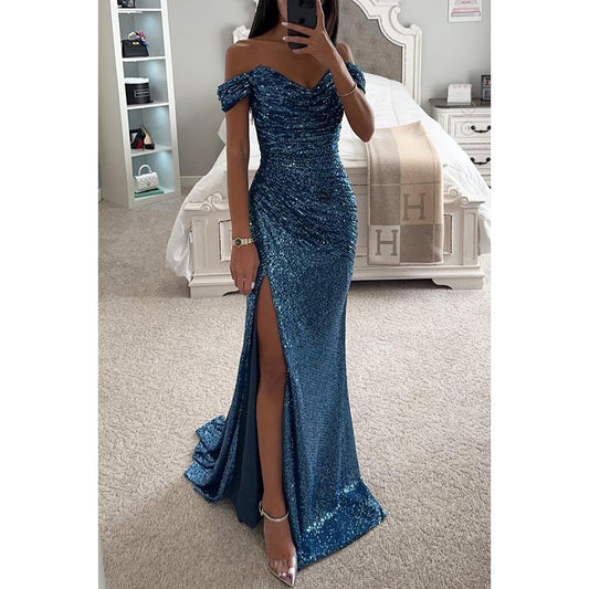 New Party Sequins One-word Collar Split Dress INS Casual Fashion Dress Women