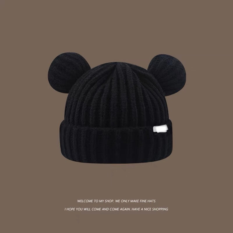 Cute bear wool hat female winter 2024 popular plush warm fluffy autumn and winter big head circumference knitted hat