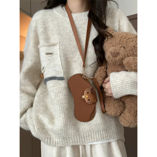 Crew Neck Lazy Wind Women's Autumn and Winter New Wear Design Sense Knitted Sweater Loose Top Tide