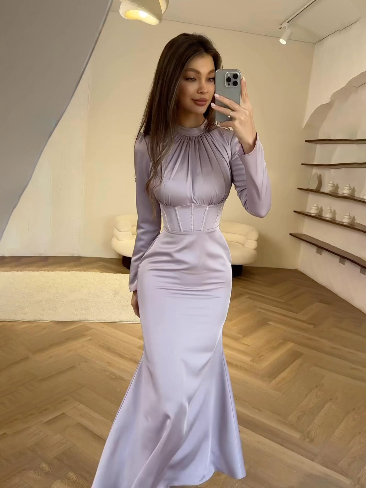 Runway Halter Evening Dress - Red Carpet Asymmetric Hem Long Sleeve Gown