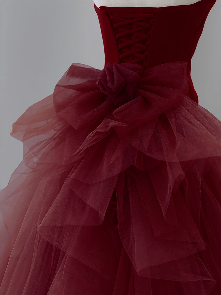 Romantic Burgundy Fishtail Gown: Vintage-Inspired Wedding Toast Dress with Timeless Elegance