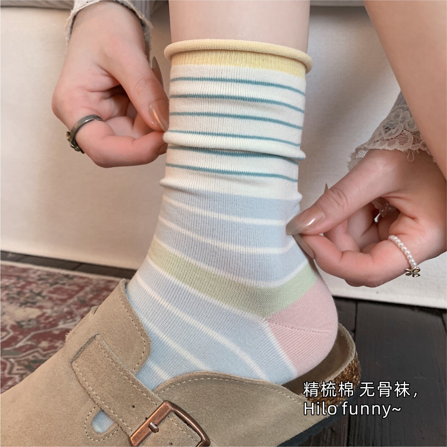 Striped Socks Women's Pure Cotton Medium Tube Spring Summer Color Matching New Thin Hemming College Wind Stacking Socks