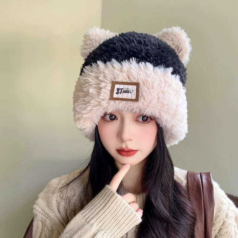 Cute bear wool hat female winter 2024 popular plush warm fluffy autumn and winter big head circumference knitted hat