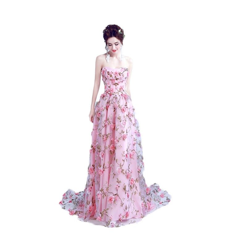 New Evening Dress Bean Pink Flower Lace Tub Top Performance Dress Bridal Wedding Banquet Annual Meeting Evening Dress