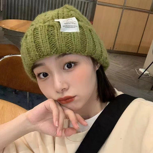 2PCS- Women's Rough Knitted Hat-Autumn and Winter Versatile Big Head Circumference Green Loose Ins Tide Shows Small Face