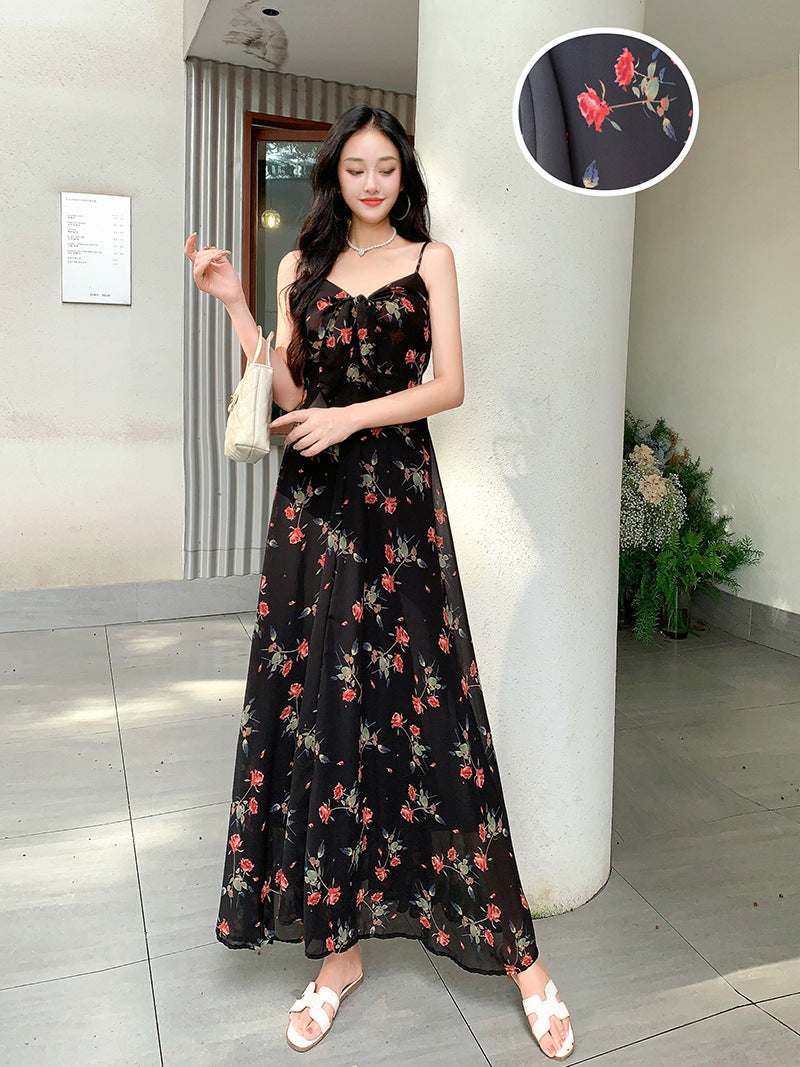Temperament Royal Sister Fan Dress Women's Fashion Floral Age Reduction Medium and Long Skinny Dress