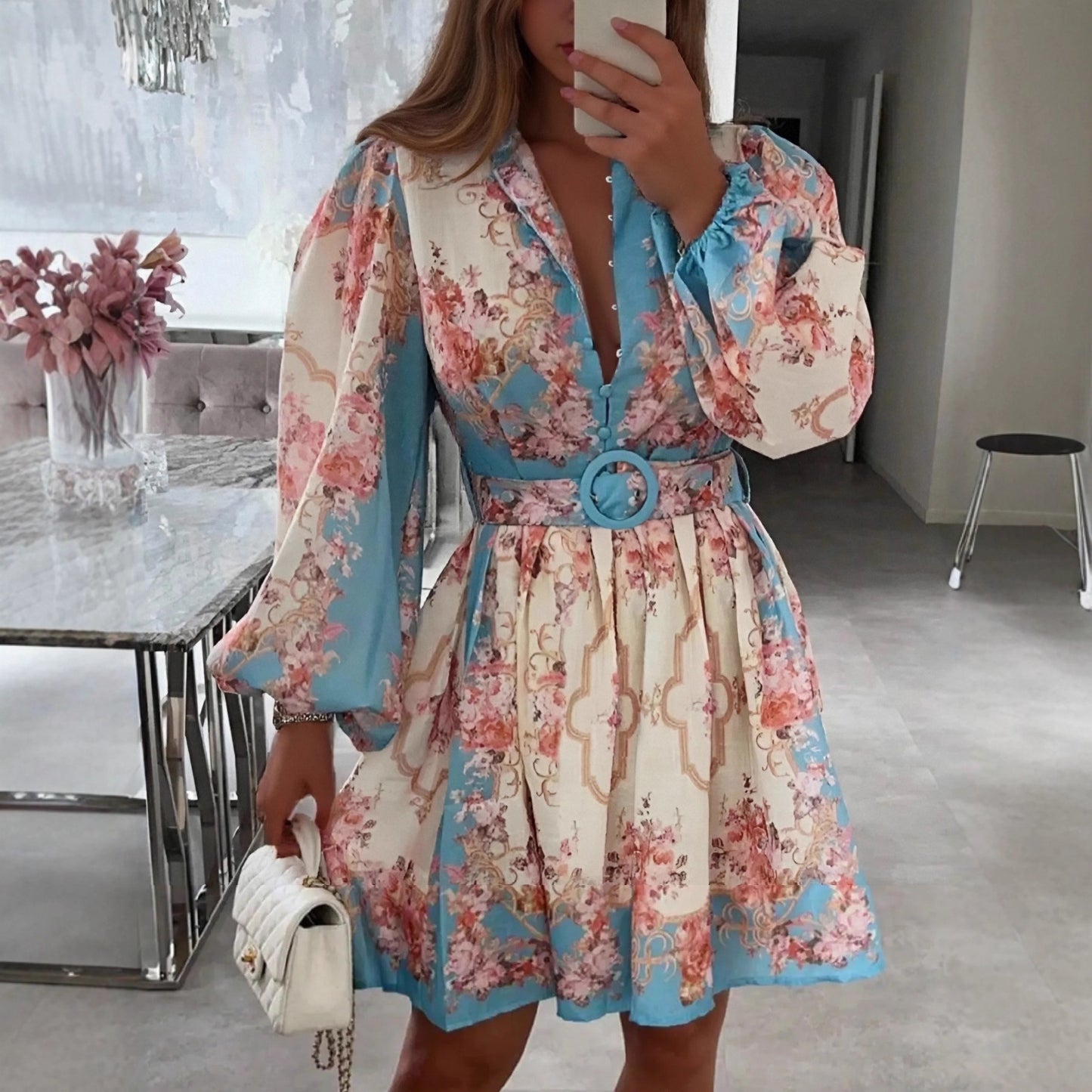 Spring Floral Midi Dress: Vintage Belted Fit, Puffed Sleeves & Mock Neck