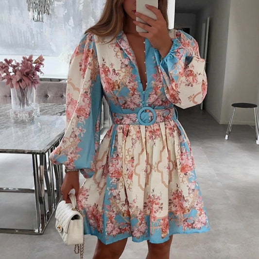 Spring Floral Midi Dress: Vintage Belted Fit, Puffed Sleeves & Mock Neck