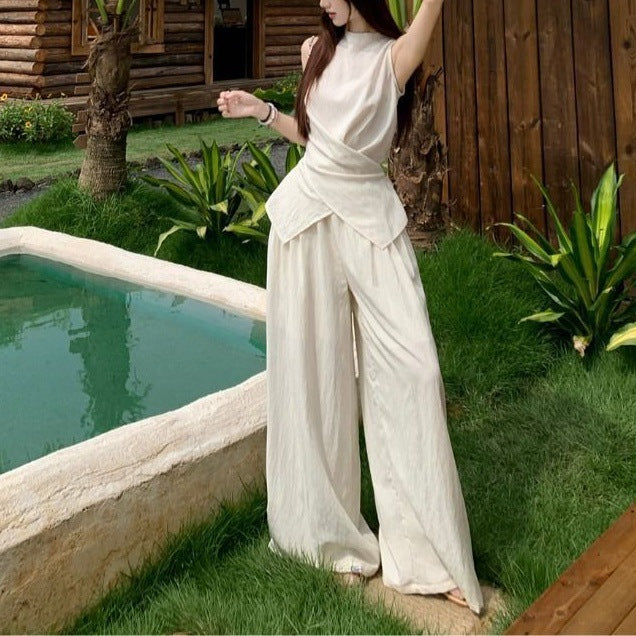 Women’s Casual Suit Set French Temperament Sleeveless Top & Loose Pants Summer Two-piece Outfit