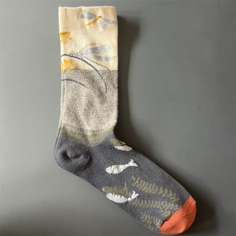 New Product Mid Calf Socks Women Oil Painting Socks Niche Fun Literary and Artistic Color Socks