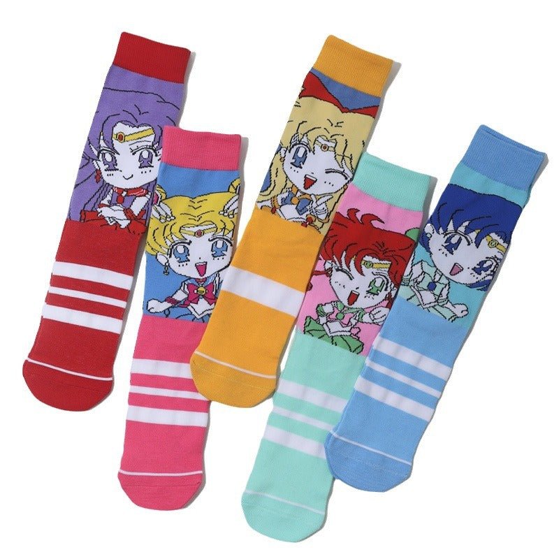 Female Casual Cotton Medium Tube Sailor Moon Anime Manga Day Man Women's Socks-5prs