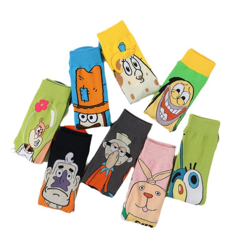Tide Socks Cotton Cute Animation Socks Cartoon Men's Flower Socks Medium Tube Socks Women's Stockings-5PRS