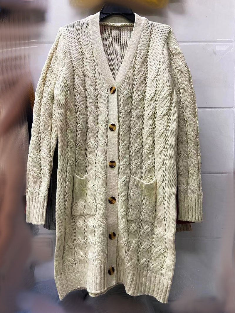 Autumn and Winter New Single-breasted Twist Pocket Solid Color Knitted Long Sweater Cardigan Jacket