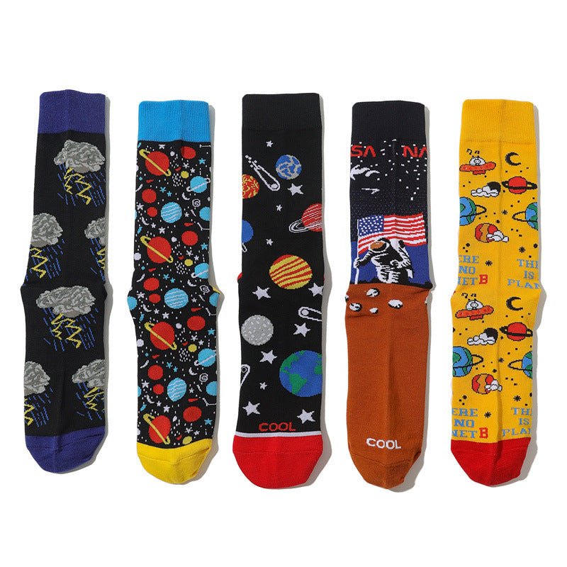 Men's Cartoon Personality Men's Socks Starry Sky Animation Design Cotton Tube Art Actress Sock-5PRS