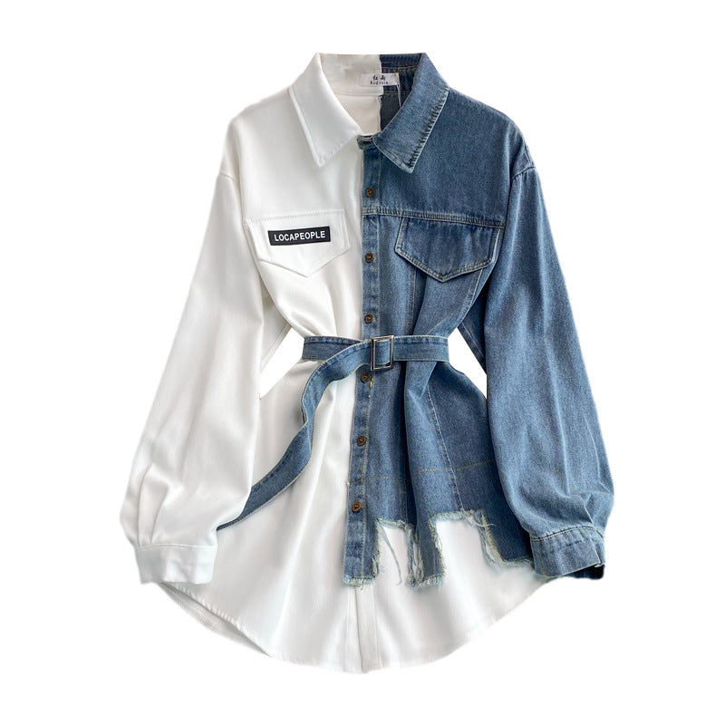 Denim Splicing Lapel Dress Spring and Autumn New Waist and Thin Irregular Medium and Long Shirt