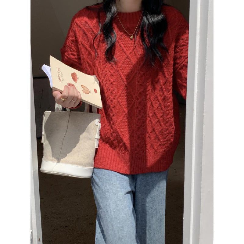 New Year's Red Twist Sweater Women's Autumn and Winter New Retro Lazy Wind Round Neck Pullover