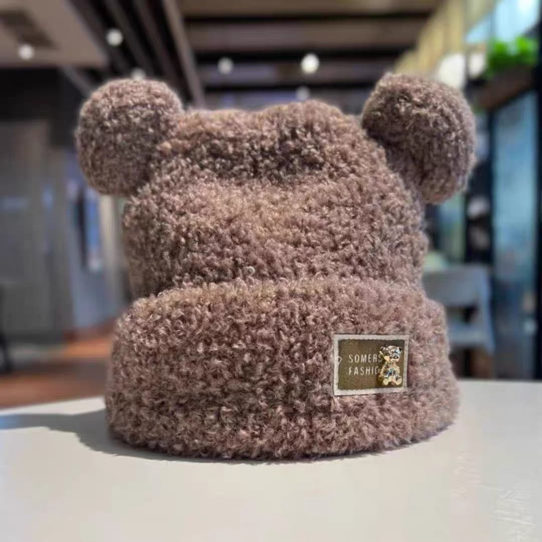 Cute bear wool hat female winter 2024 popular plush warm fluffy autumn and winter big head circumference knitted hat