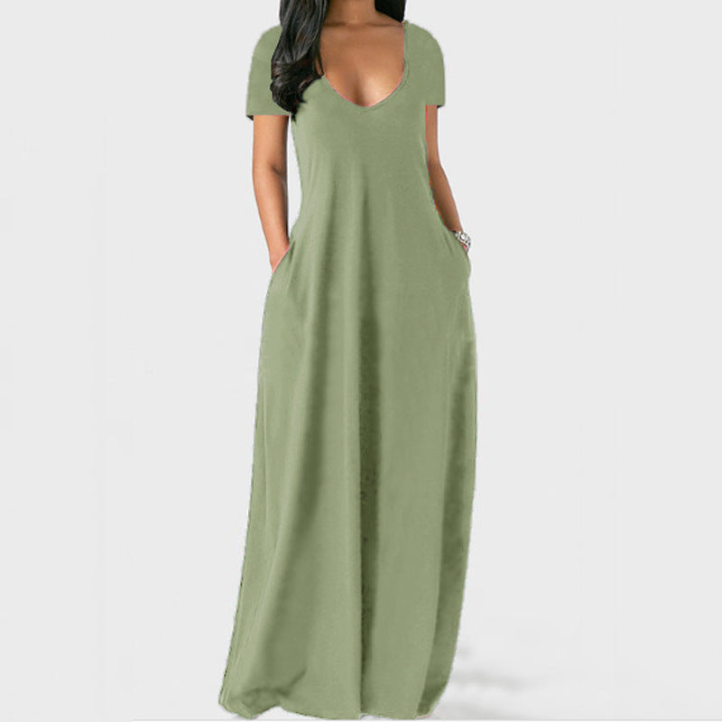 Summer Trending Plus Size Solid Color Maxi Dress - Sexy Deep V-Neck Short Sleeve