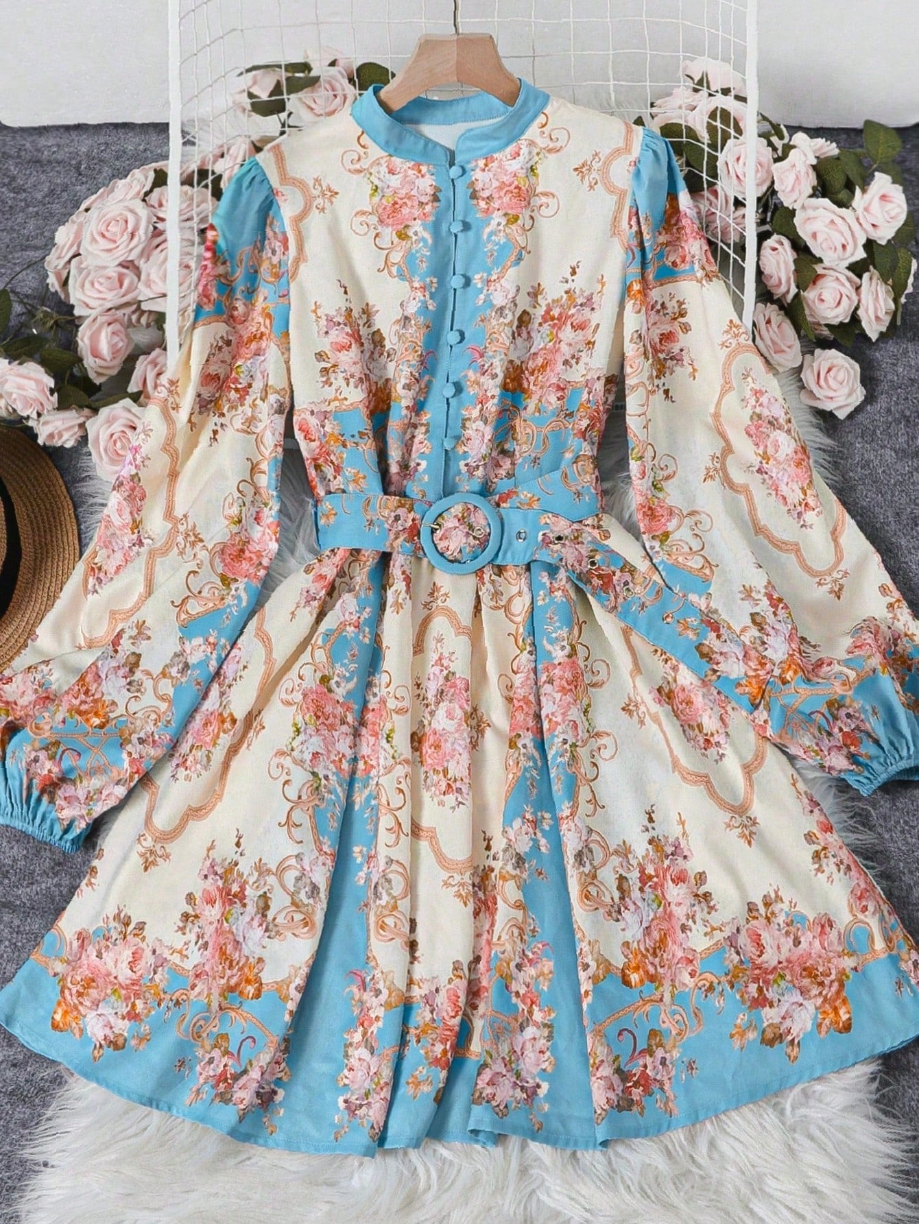 Spring Floral Midi Dress: Vintage Belted Fit, Puffed Sleeves & Mock Neck