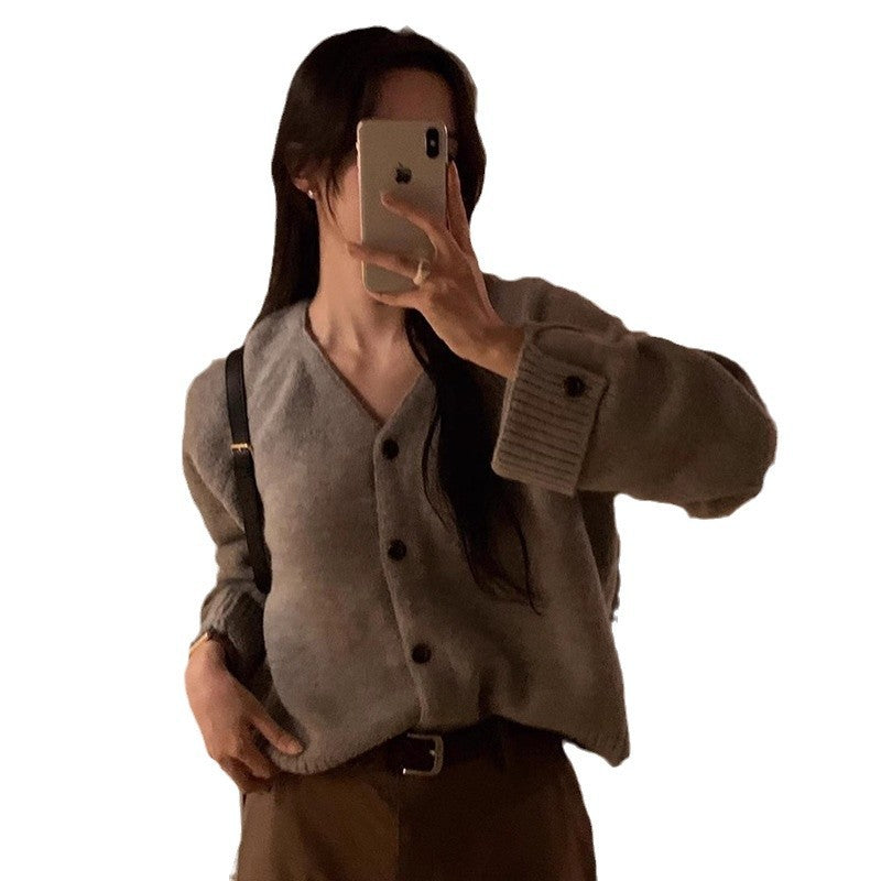 Simple V-neck Knitted Cardigan for Women's Autumn and Winter New Lazy Wind Turned Sleeves Sweater for Women