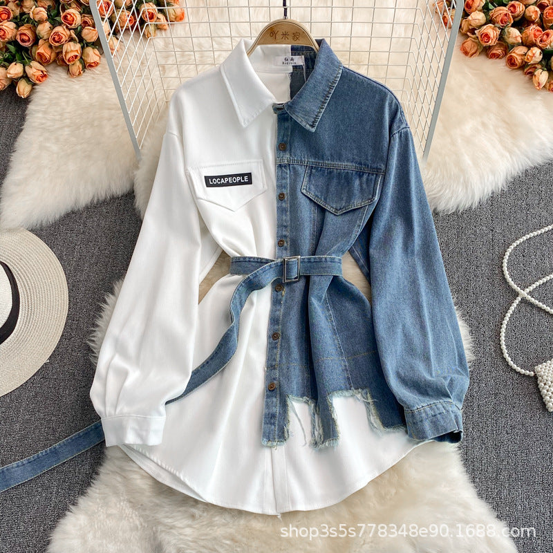 Denim Splicing Lapel Dress Spring and Autumn New Waist and Thin Irregular Medium and Long Shirt