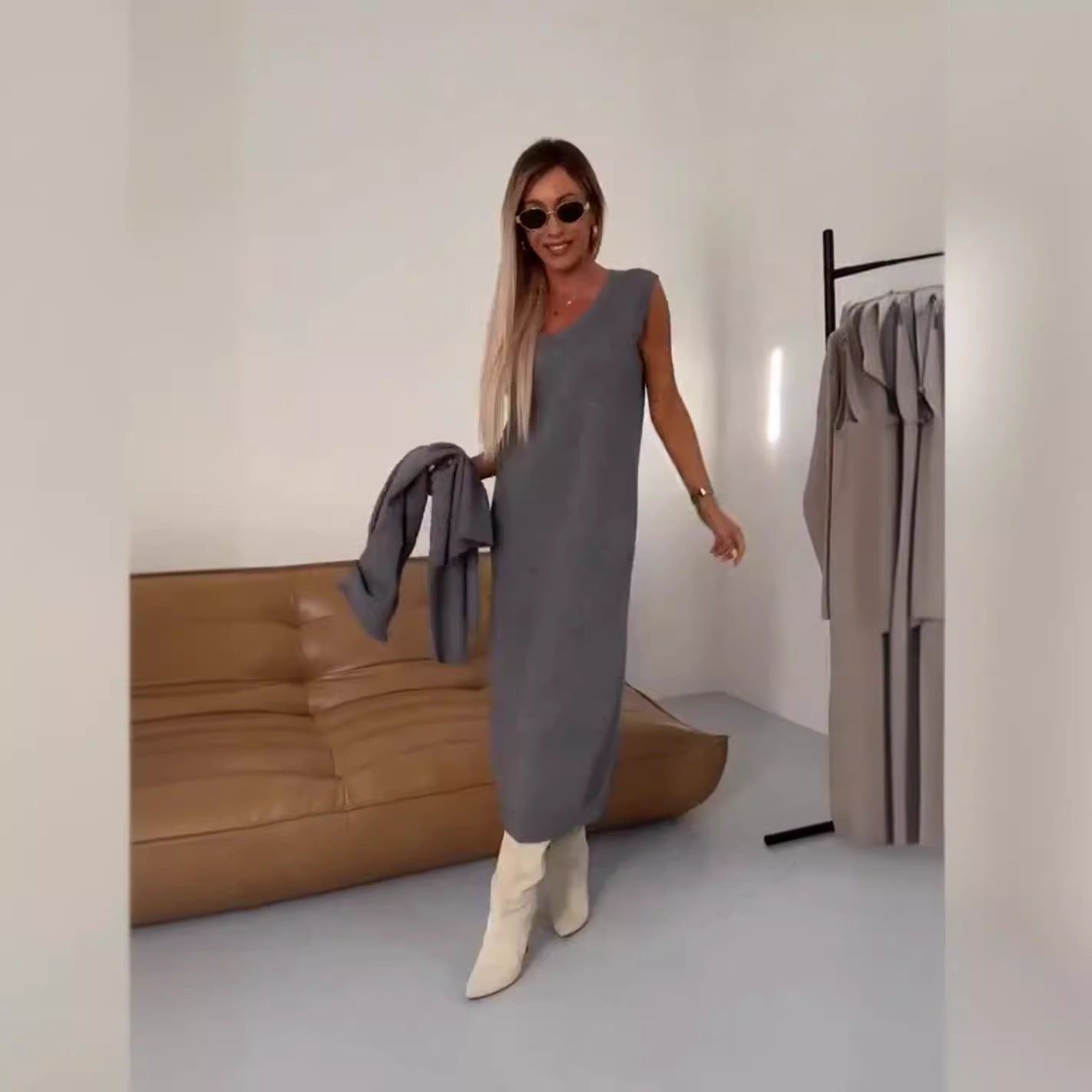 New Sweater Dress Autumn and Winter Turtleneck Long Dress Two-piece Set Solid Color Knitted Dress