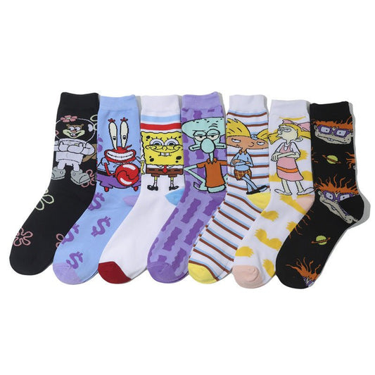 Male Personality Medium Tube Cotton Sponge Cartoon Crab Boss Female Cartoon Long Tube Animation Men's Socks-5PRS