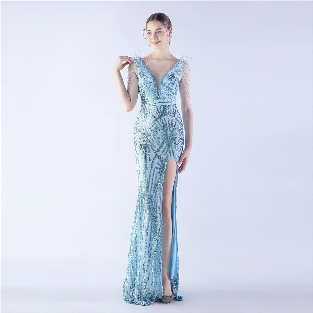 Luxe Feather & Sequin Maxi Gown | Heavy Beadwork